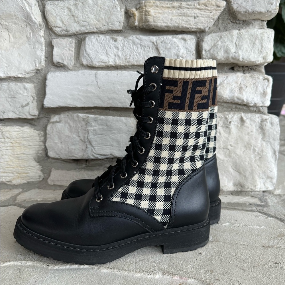 Fendi Women's Rockoko Leather Combat Biker Boots with Stretch Fabric